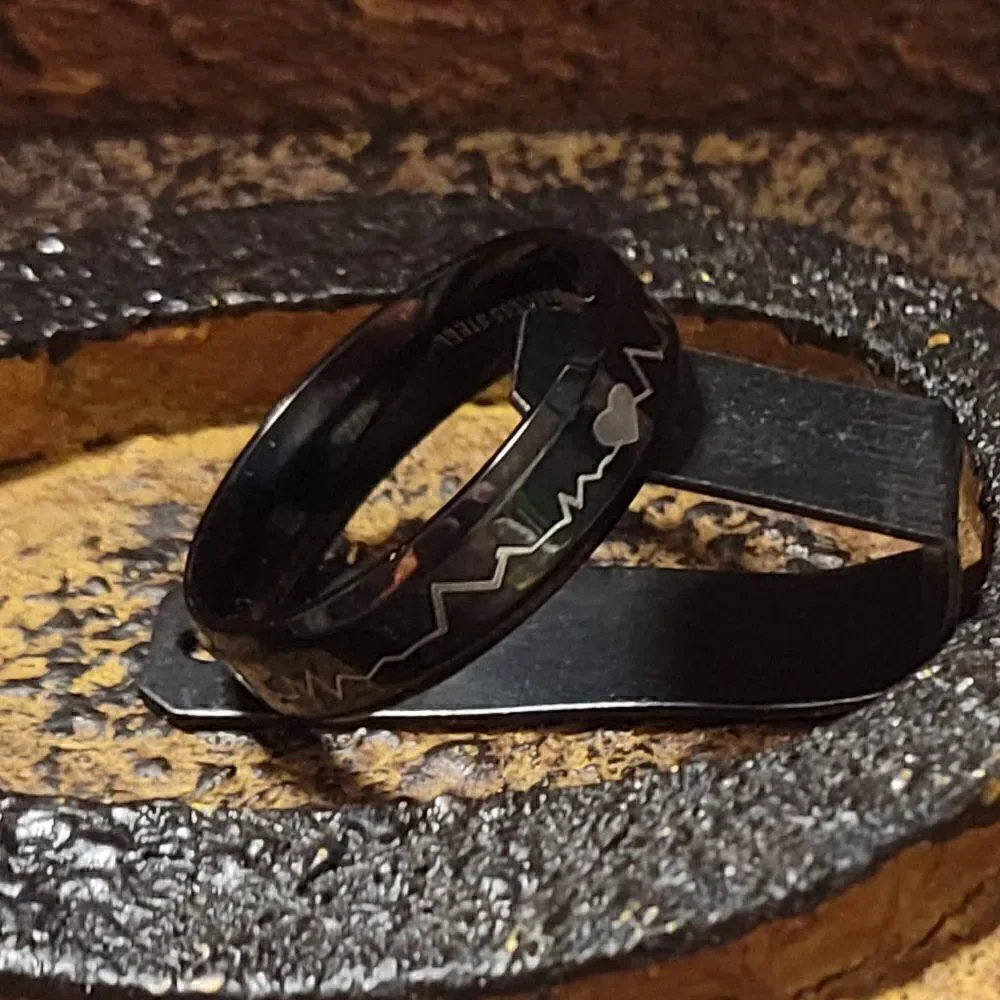 Men's Black Heartbeat Wedding Ring Band  - Heartbeat Wedding Ring For Him